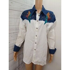 City Girl Sport Shirt Western Beaded Denim Applique Jean Retro Embellished Sz M